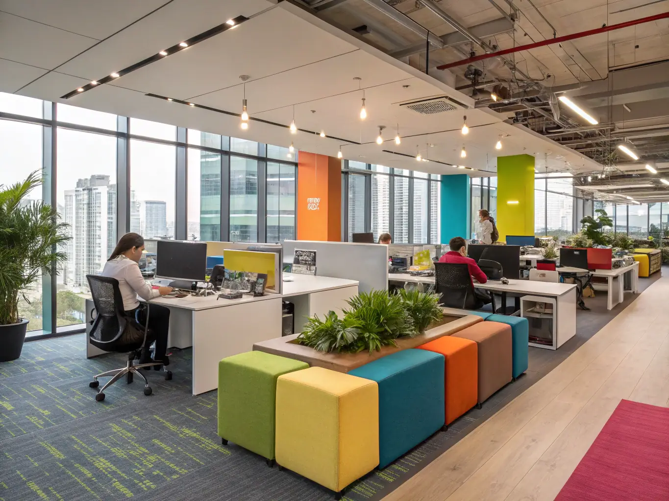 A brightly lit, modern office space in downtown Dallas, featuring open-plan desks, collaborative areas, and large windows with a city view. The image should convey a sense of innovation and productivity.