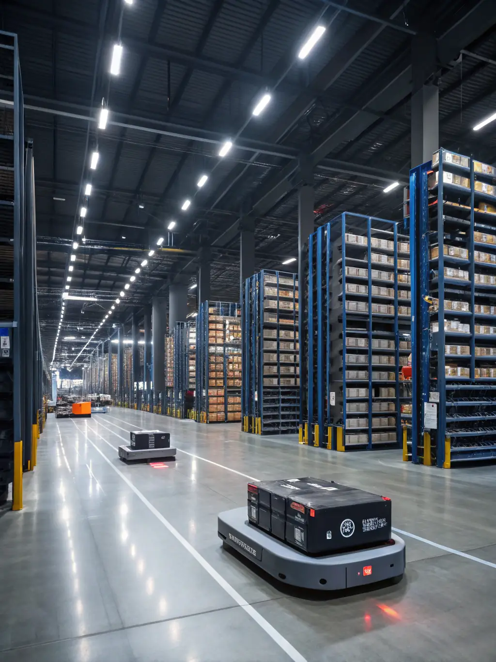 A modern, clean industrial warehouse interior with high ceilings, polished concrete floors, and efficient LED lighting, showcasing its suitability for advanced manufacturing or tech-related operations in Dallas.