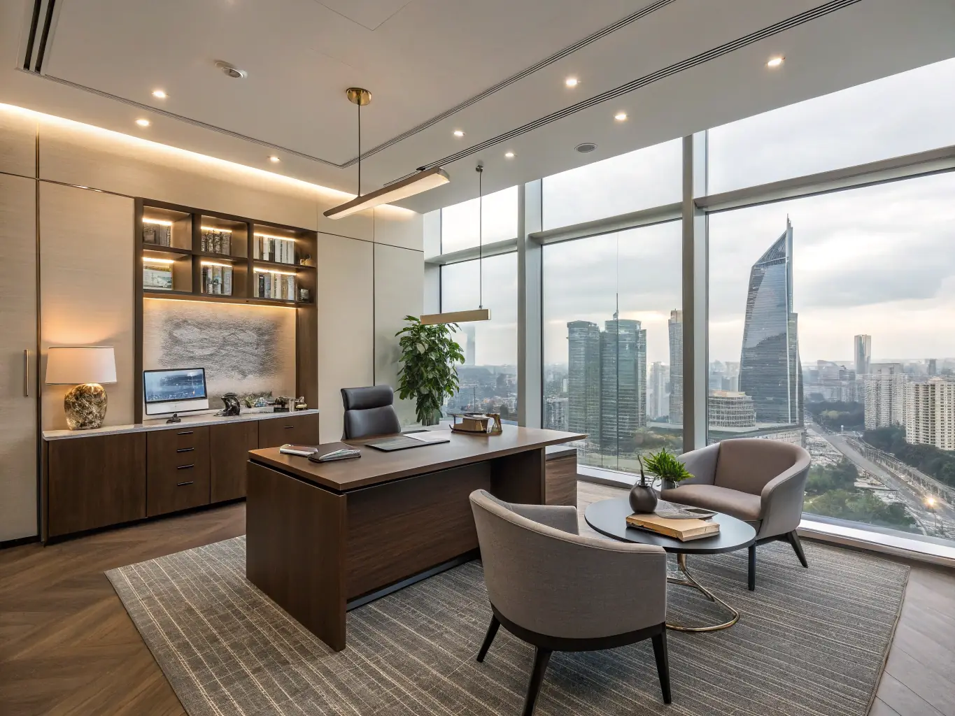 A contemporary office suite in a suburban Dallas location, featuring private offices, a reception area, and a conference room. The image should highlight comfort and functionality.