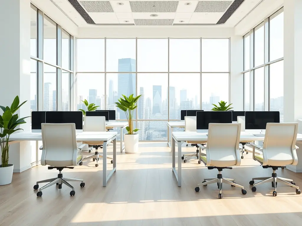 A modern office space in downtown Dallas, featuring glass walls and open-plan layout, suitable for a tech company or creative agency.