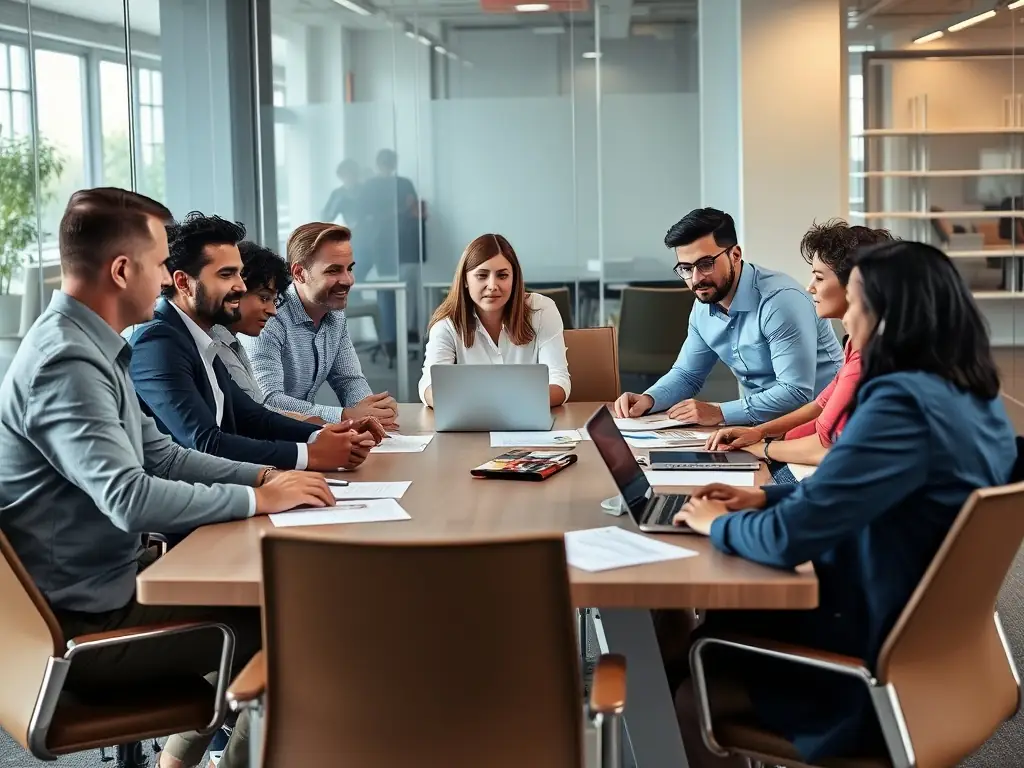 A diverse group of professionals collaborating in a modern office space, representing the flexible and adaptable solutions offered by Dallas Lease Solutions.